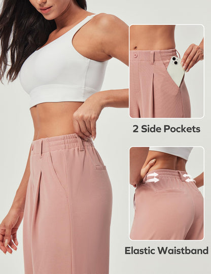 Women's Wide Leg Work Pants - Stretchy Pull-On Business Casual Trousers with Pockets