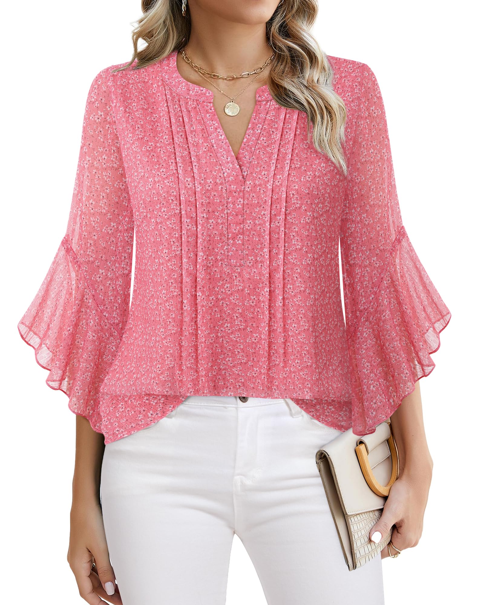 Beautiful Blouses For Ladies - Women's 3/4 Sleeve Chiffon Blouse Dressy Business Casual Work Shirt