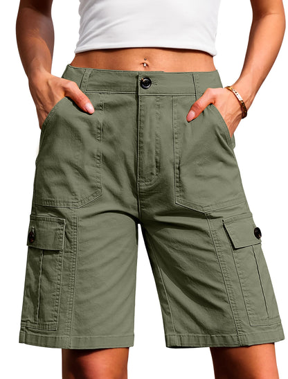 Women High Waisted Bermuda Cargo Shorts - 6 Pockets Stretchy Knee Length Summer Shorts B Army Green