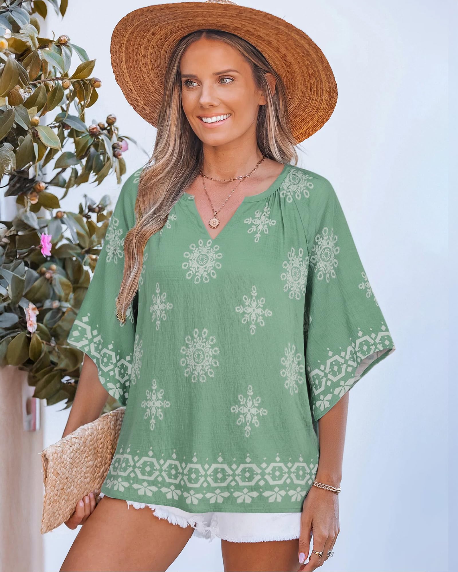 Big & Tall Clothing - Women's 3/4 Sleeve V-Neck Bohemian Peasant Blouse Loose Fit Tunic Top