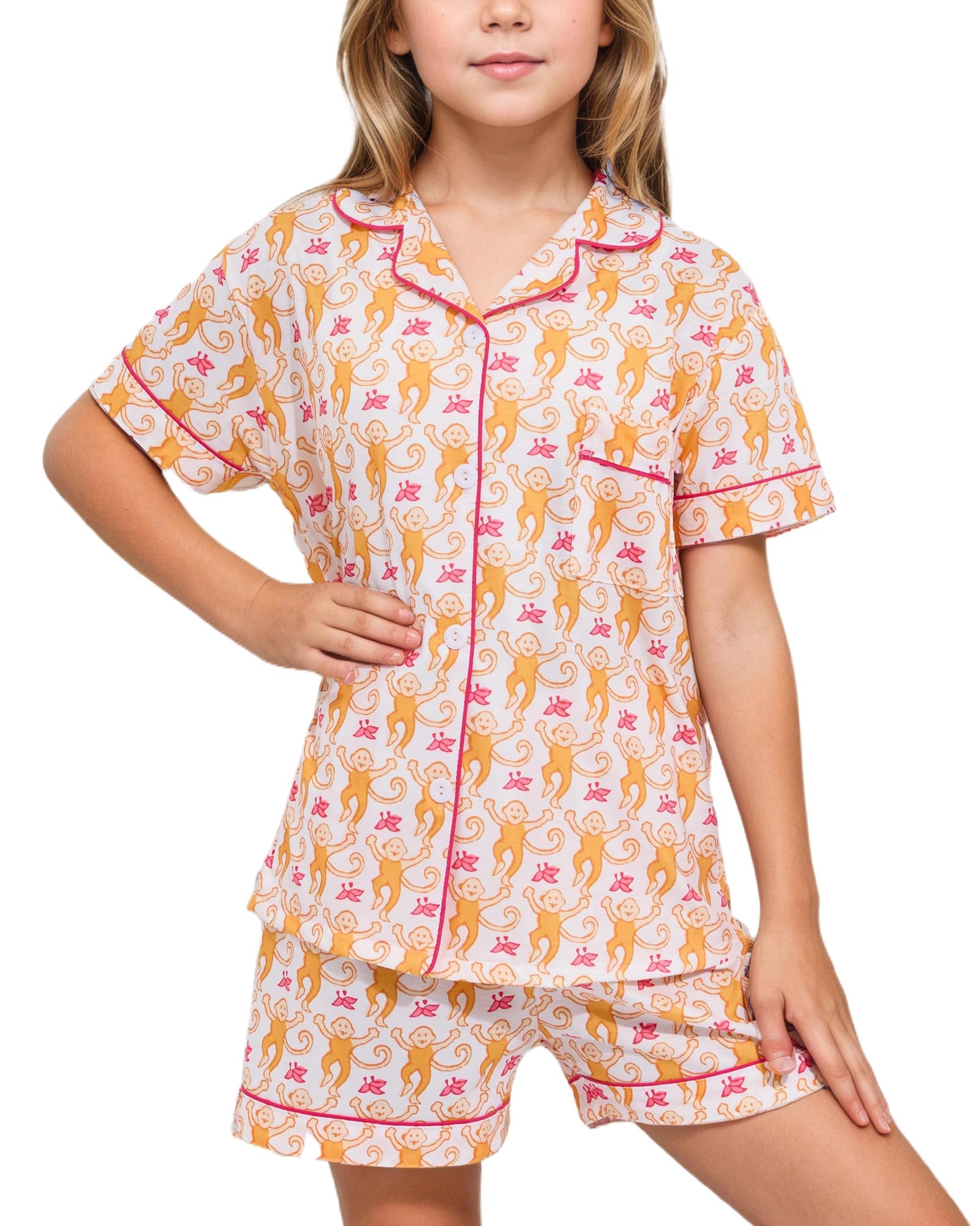 Roller Rabbit Pajamas Kids - Girls Summer 2 Piece Set - Button Down Top and Shorts Orange