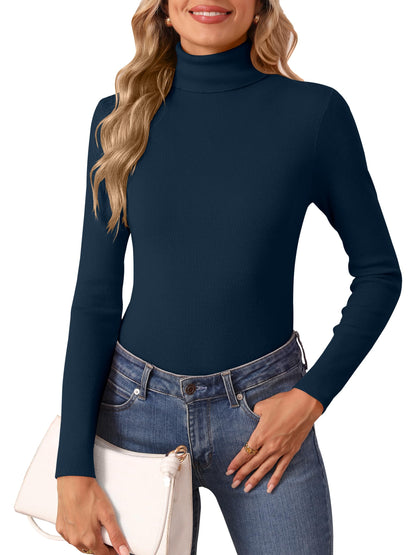 Women's Turtleneck Long Sleeve Shirt - Thermal Underwear Top for Fall Winter Navy Blue