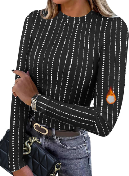 Women's Long Sleeve Thermal Shirt - Fleece Mock Neck Slim Fit Top F-stripe B