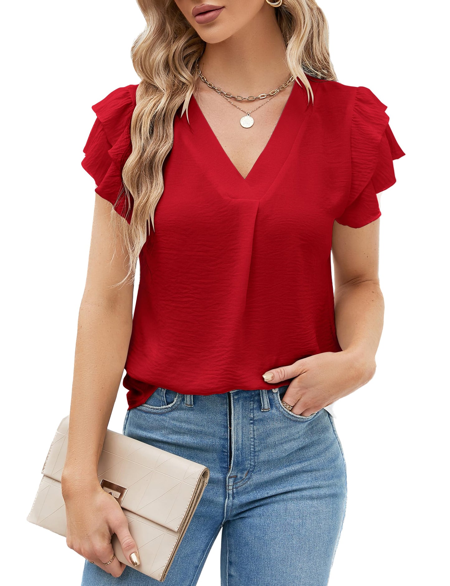 Polyester Blouses - Women's V-Neck Blouse Short Sleeve Business Casual Work Shirt Summer Top