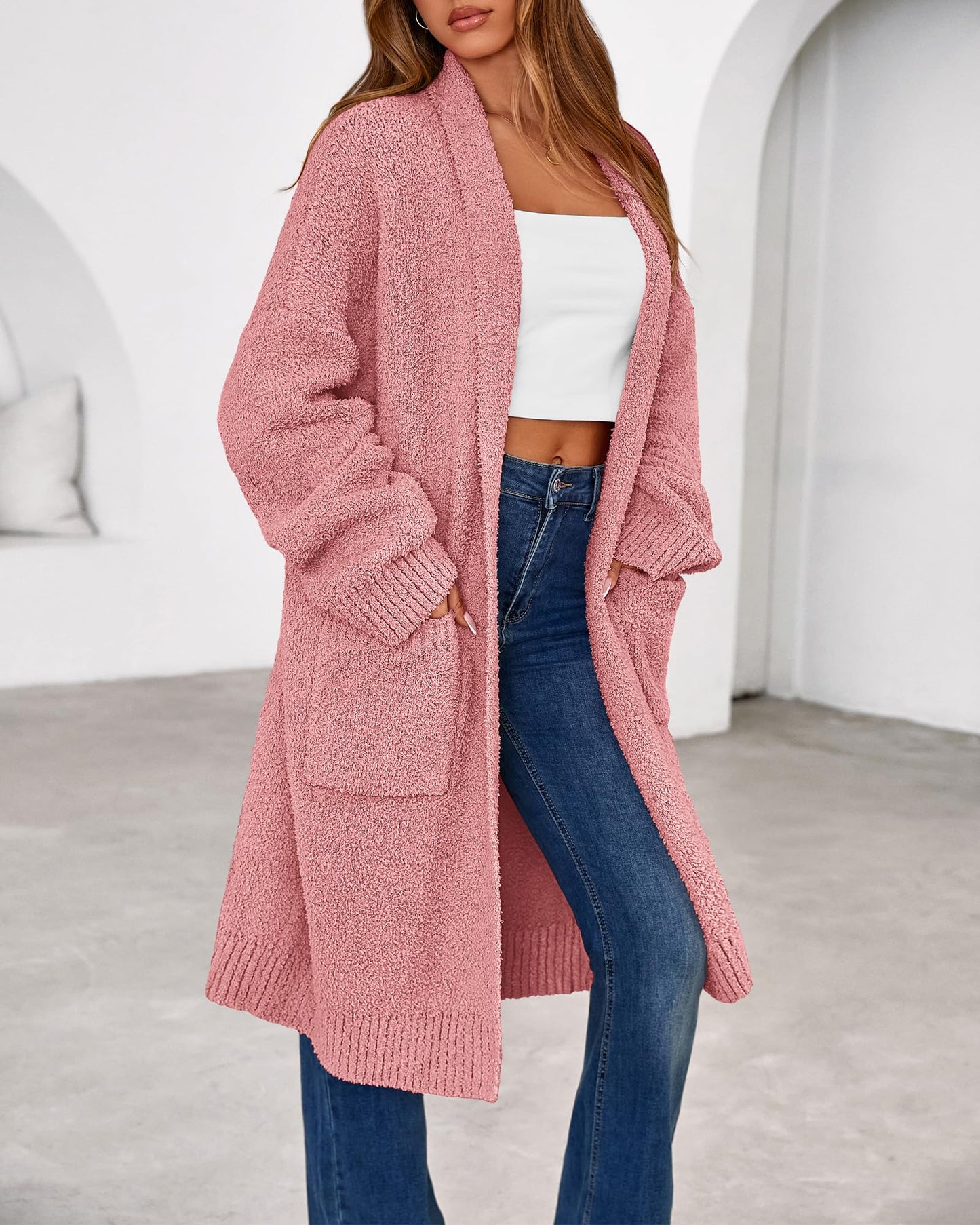 Women's Long Cardigan Sweater - Open Front Oversized Knit Coat with Pockets