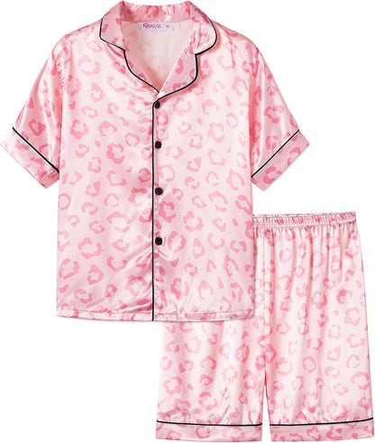 Girls Satin Pajama Set - Silky Button Down PJ with Shorts Size 6-16 8 Pink Leopard(short Sleeve & Shorts)