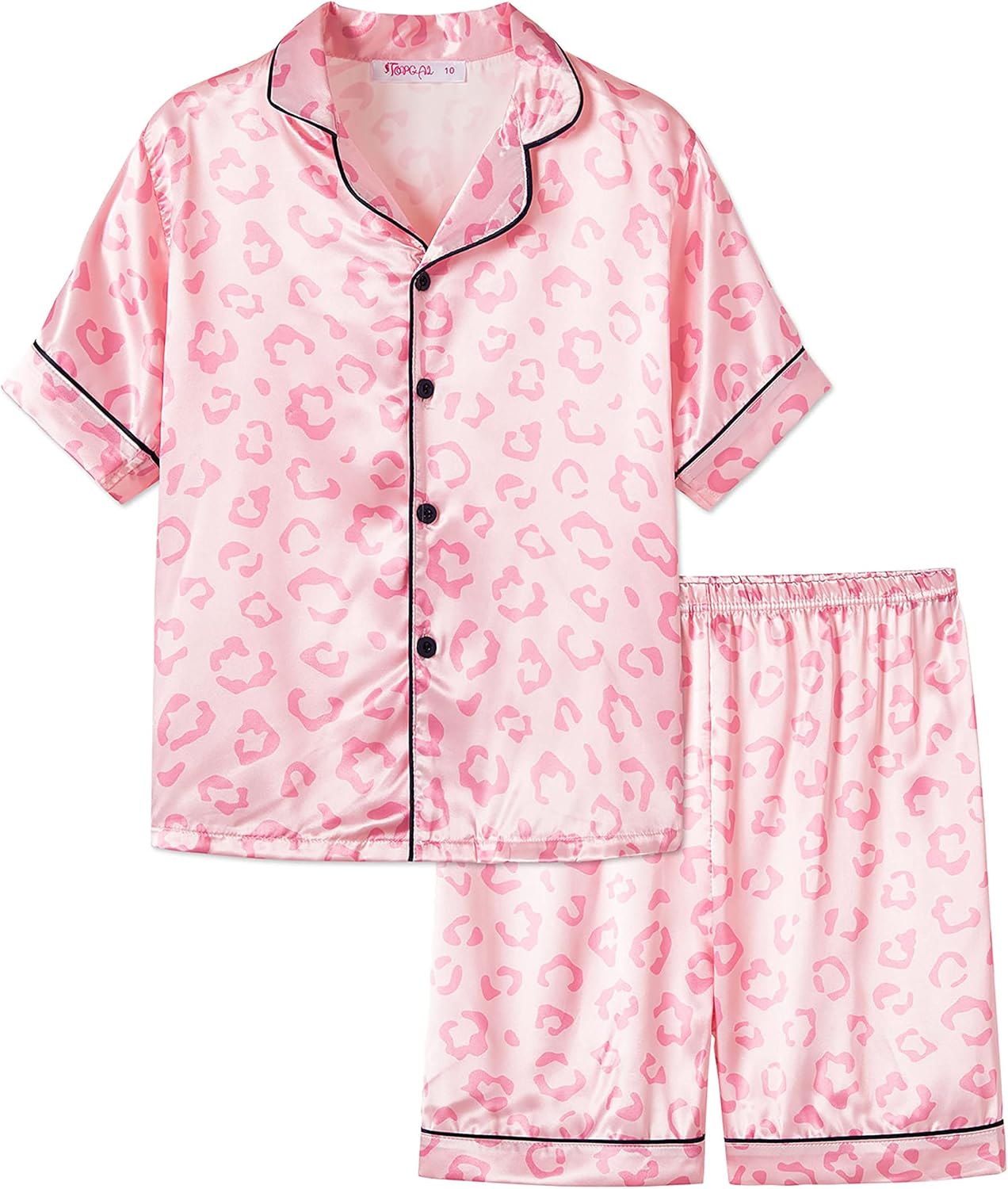 Girls Satin Pajama Set - Silky Button Down PJ with Shorts Size 6-16 8 Pink Leopard(short Sleeve & Shorts)