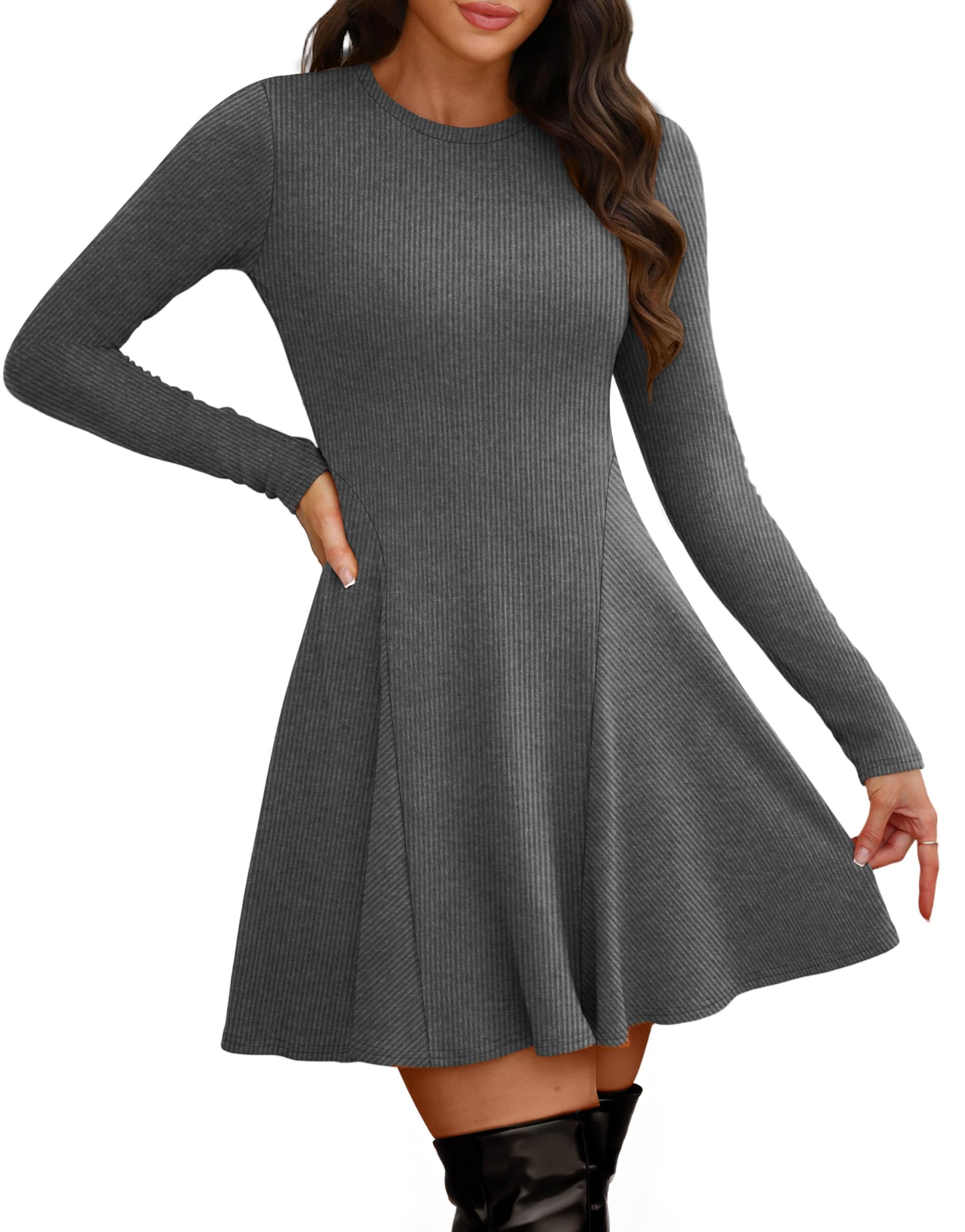 Women's Sweater Dress - Long Sleeve Ribbed Knit Fit and Flare A-Line Dress