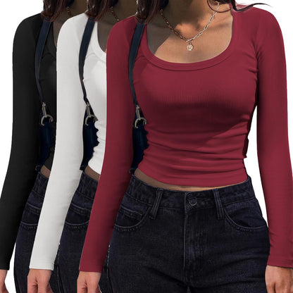 Women's Long Sleeve Scoop Neck Shirt Slim Fit Rib Knit Top Black+white+wine Red