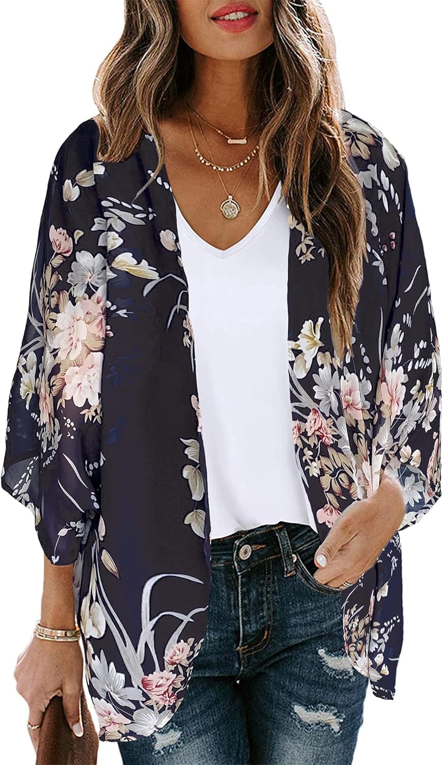 Floral Print Kimono Cardigan Women Puff Sleeve Cover Up Casual Blouse Loose Top