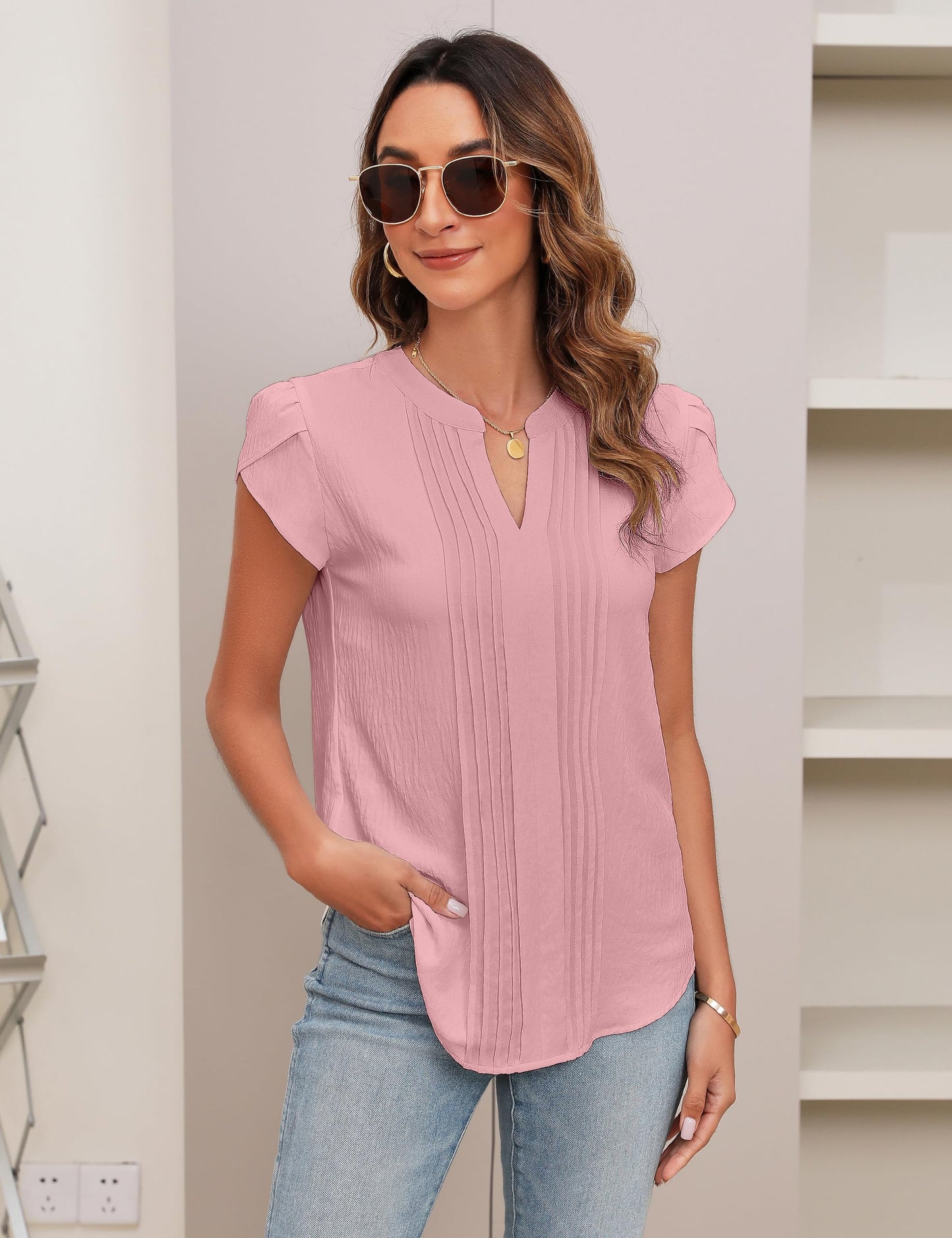 Beautiful Blouses For Ladies - Women's V-Neck Blouse with Pintuck Detail Short Petal Sleeve Business Top
