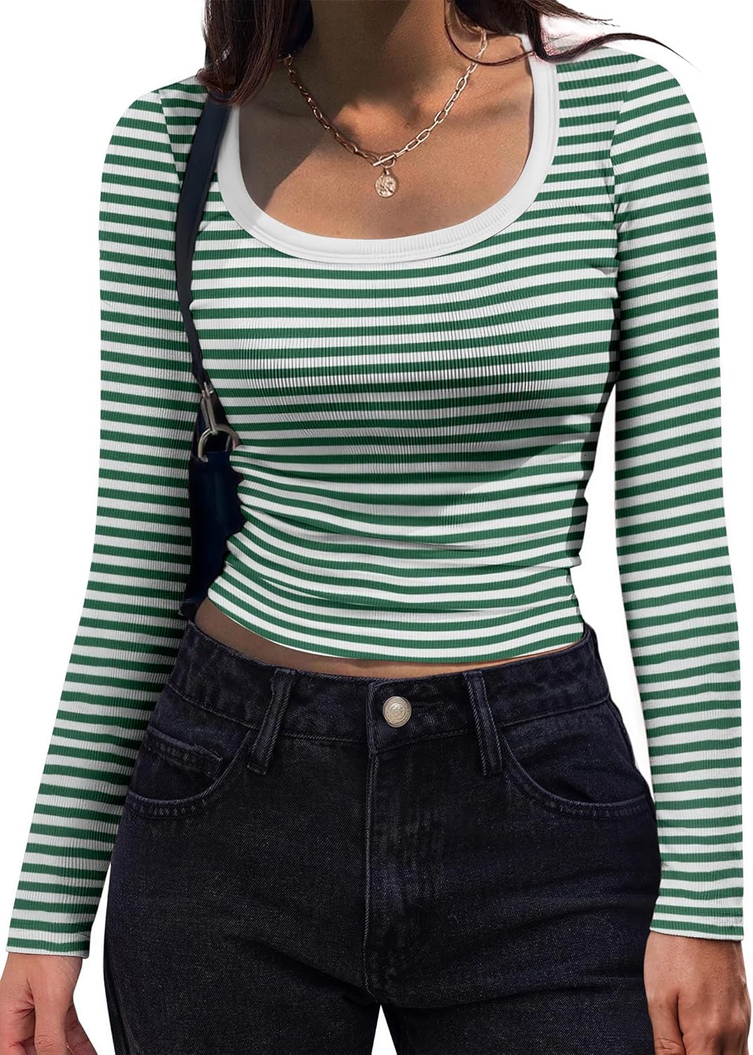Women's Long Sleeve Scoop Neck Shirt Slim Fit Rib Knit Top Green White Stripe