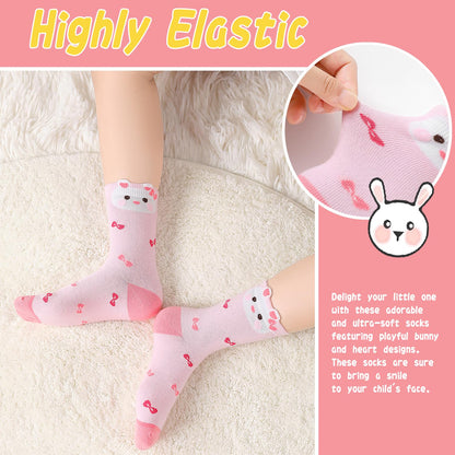 Girls Cotton Crew Socks 5 Pack - Cartoon Bunny Animal Socks for Kids Ages 2-12