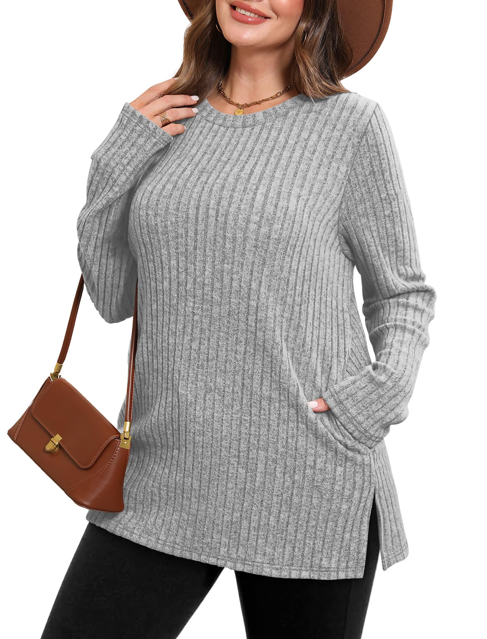 Women's Crewneck Sweater with Pockets - Long Sleeve Tunic Top with Side Slits