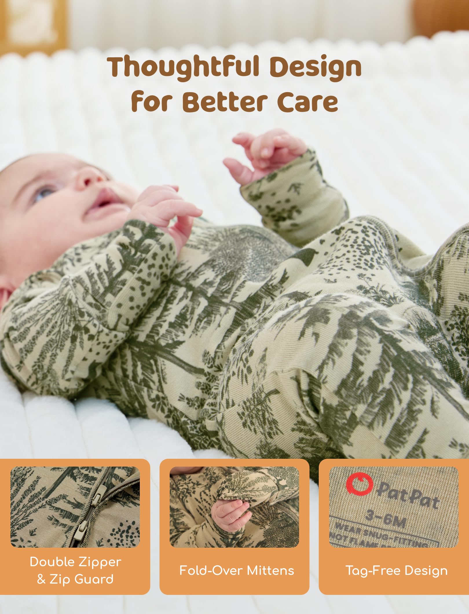 PATPAT Baby Footie Pajamas - Premium Tencel Lyocell & Wool Romper with 2-Way Zipper