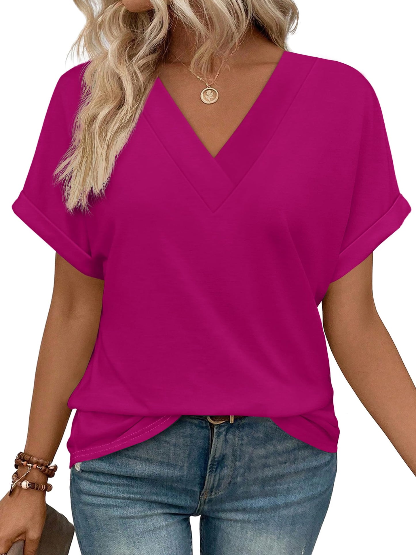 Womens Summer Tops V Neck Short Sleeve Shirts Casual Dolman Sleeve Fashion Blouse Hot Pink