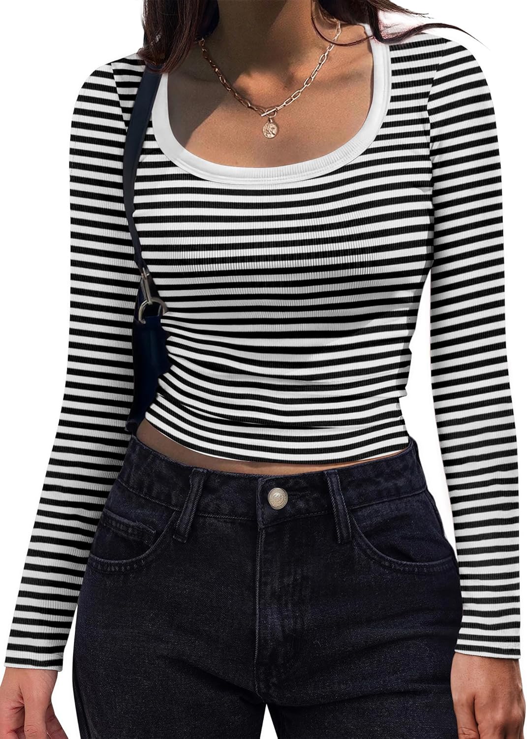 Women's Long Sleeve Scoop Neck Shirt Slim Fit Rib Knit Top Black White Stripe