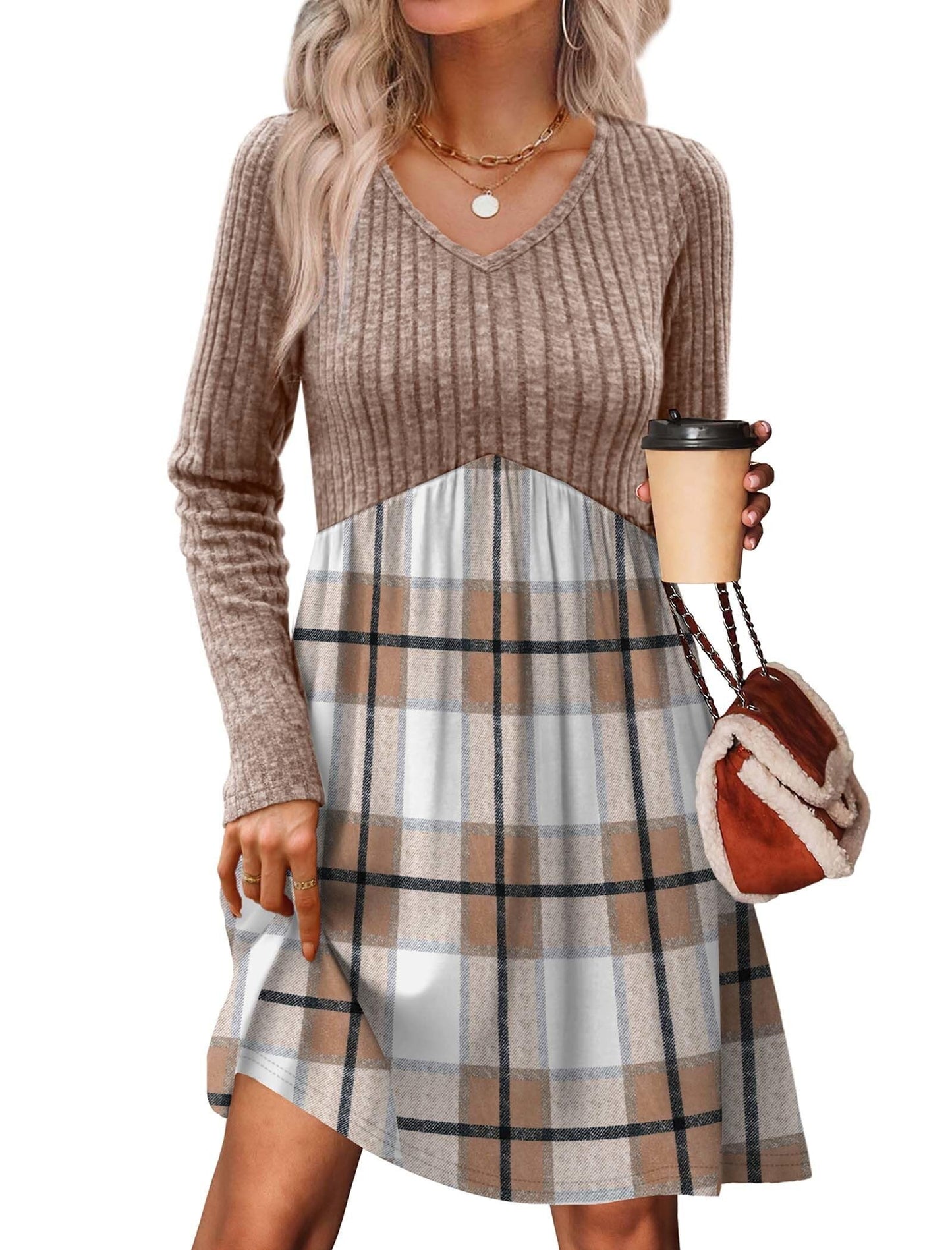 Women's Long Sleeve Sweater Dress - V Neck Empire Waist Babydoll Dress with Pockets