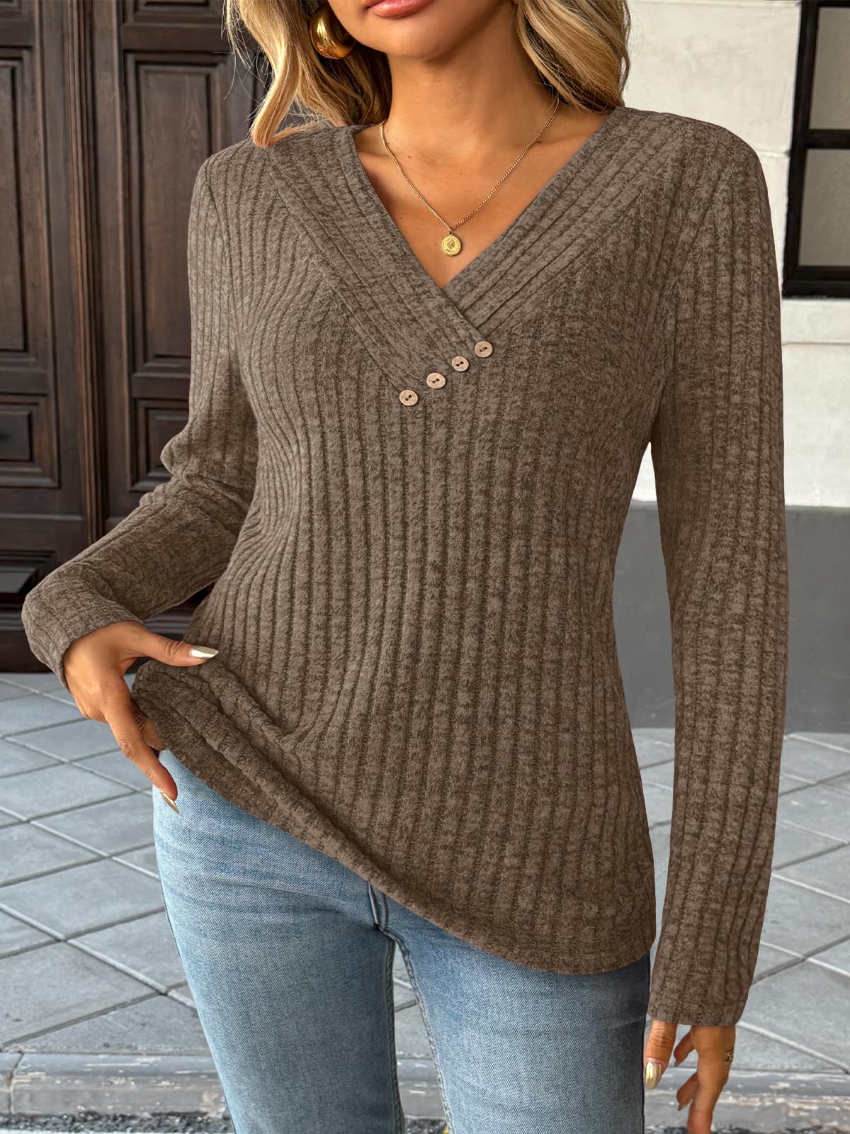 Women's Long Sleeve V Neck Tunic Tops - Dressy Casual Work Blouse Sweater
