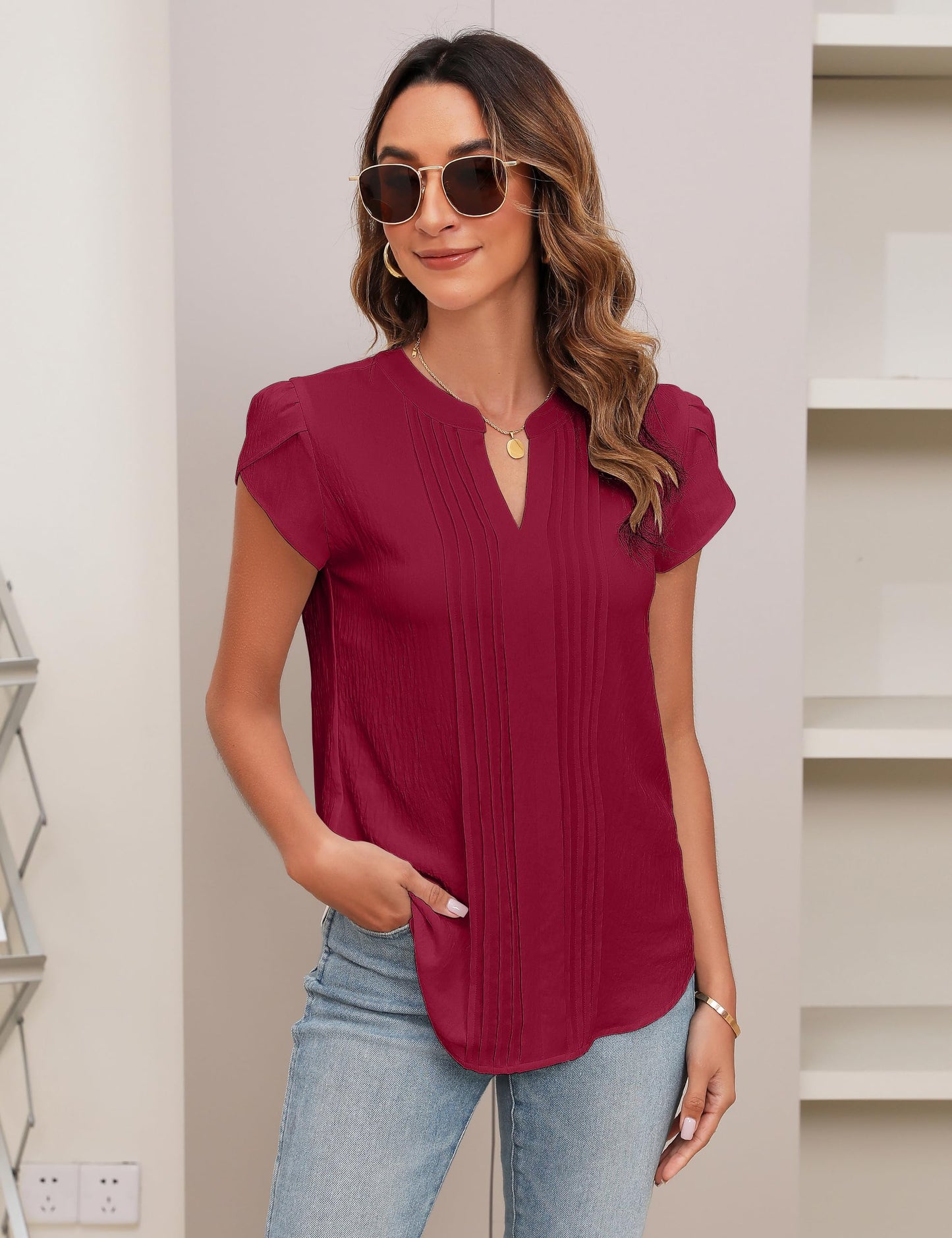 Beautiful Blouses For Ladies - Women's V-Neck Blouse with Pintuck Detail Short Petal Sleeve Business Top