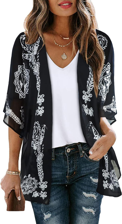 Floral Print Kimono Cardigan Women Puff Sleeve Cover Up Casual Blouse Loose Top