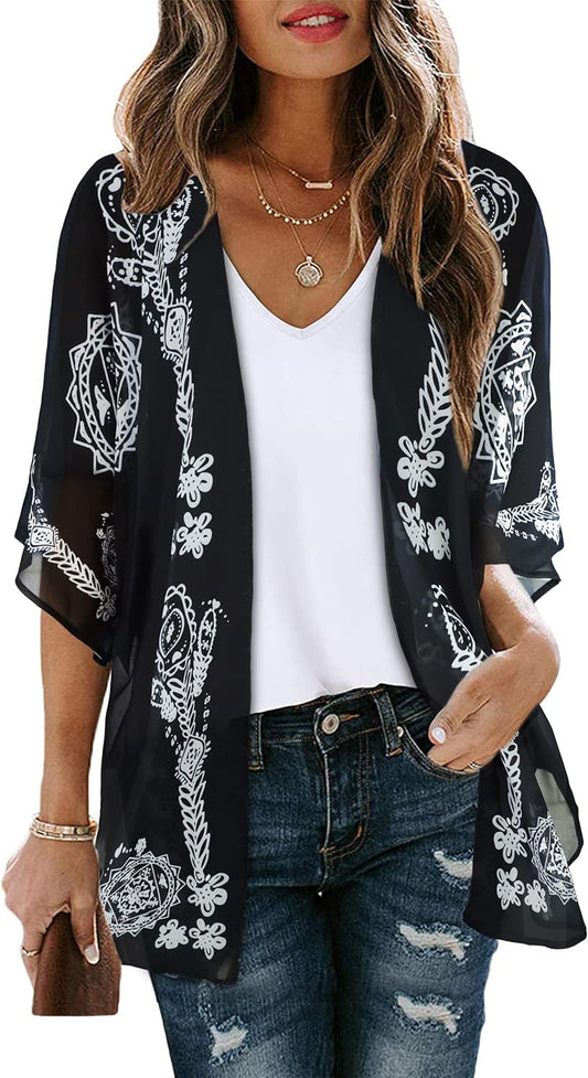 Floral Print Kimono Cardigan Women Puff Sleeve Cover Up Casual Blouse Loose Top