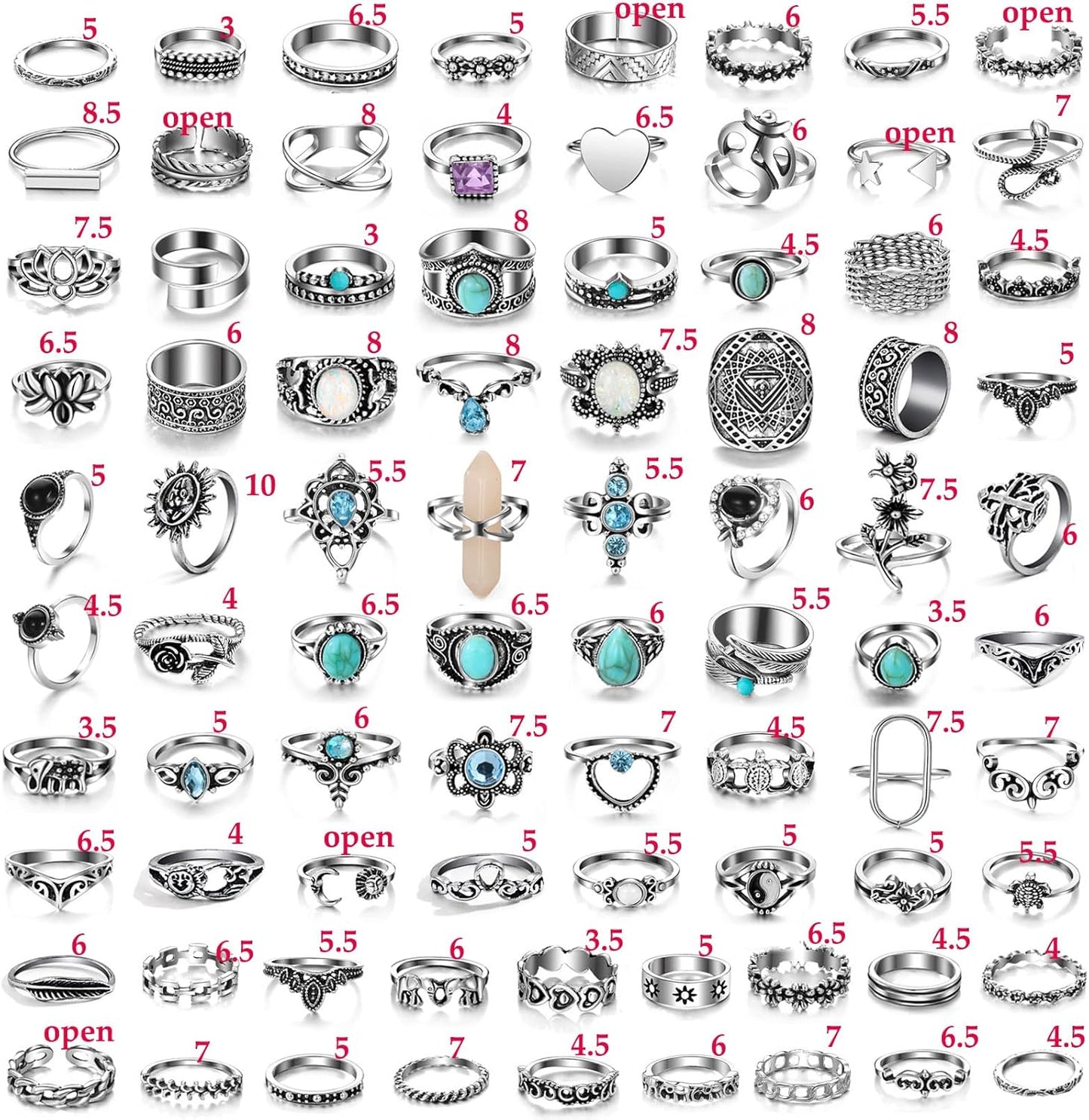 Vintage Silver Knuckle Rings Set 42 Pieces Adjustable Gothic Stackable Rings