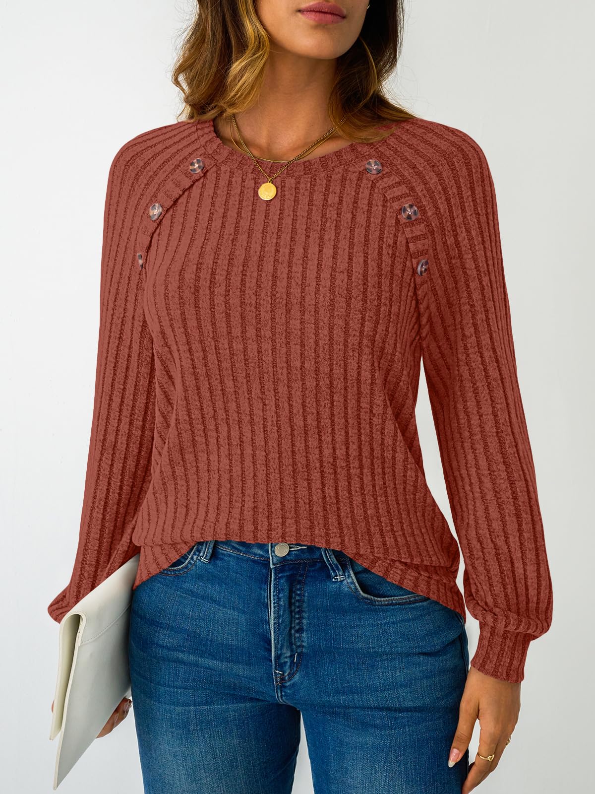 Women's Long Sleeve Tops - Fall Lightweight Sweaters with Shoulder Buttons