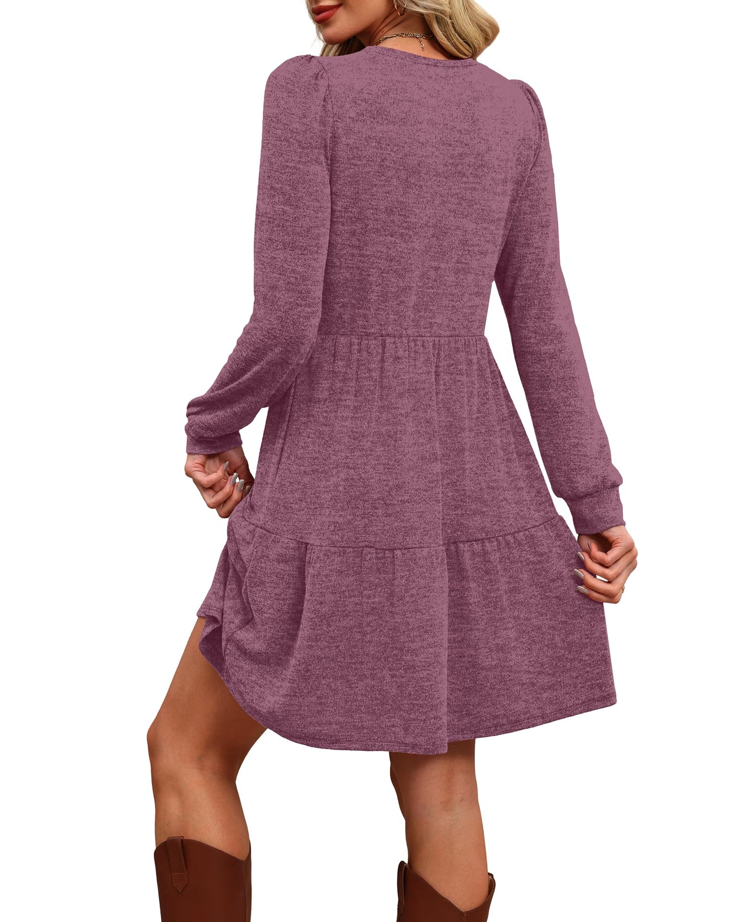 Women's Long Sleeve Fall Dresses with Pockets - Crew Neck Babydoll Casual Dress