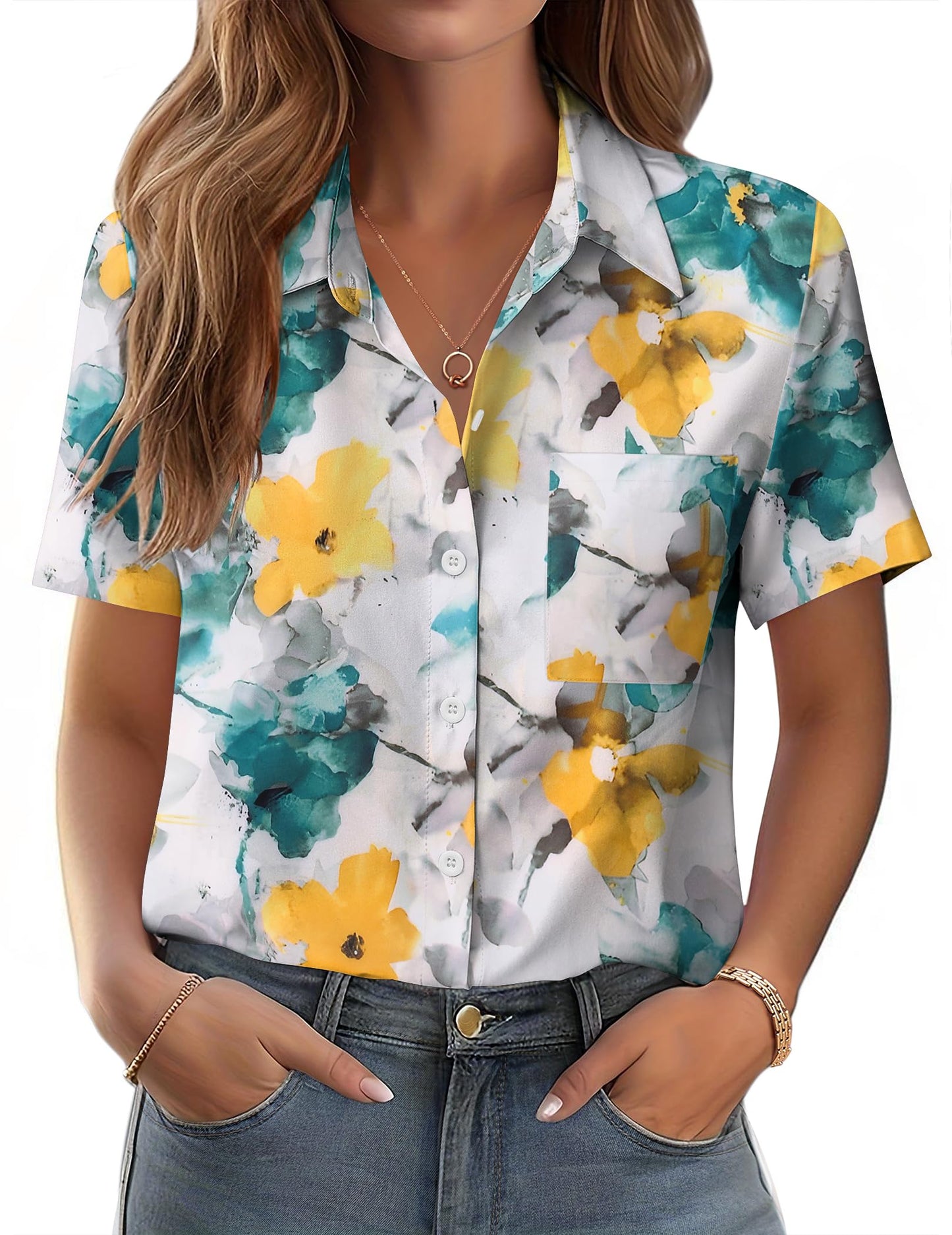 Polyester Blouse - Women's Button Down Shirt Short Sleeve Business Casual Blouse with Chest Pocket Dh637
