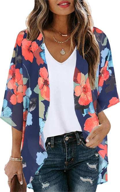 Floral Print Kimono Cardigan Women Puff Sleeve Cover Up Casual Blouse Loose Top Oil Ink Blue