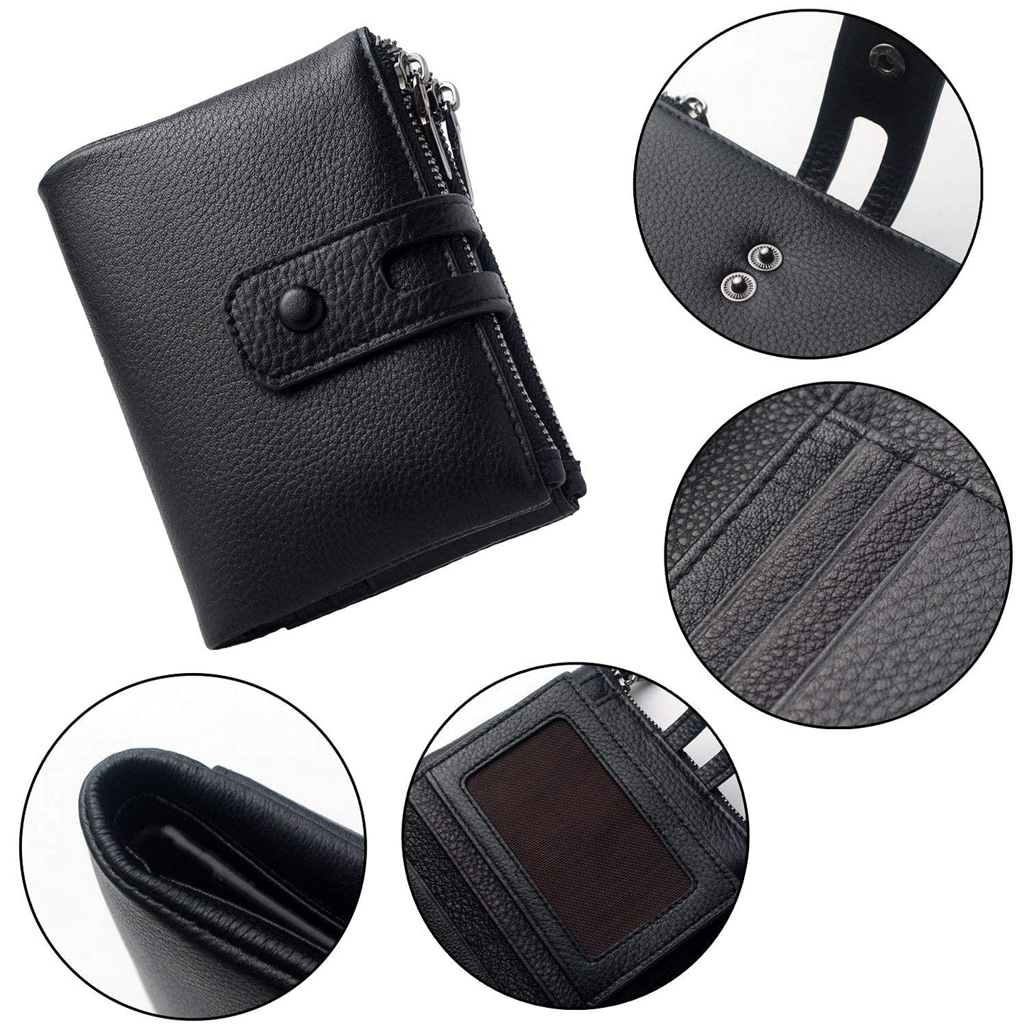Women Leather Wallet - Small RFID Blocking Card Holder with Double Zipper