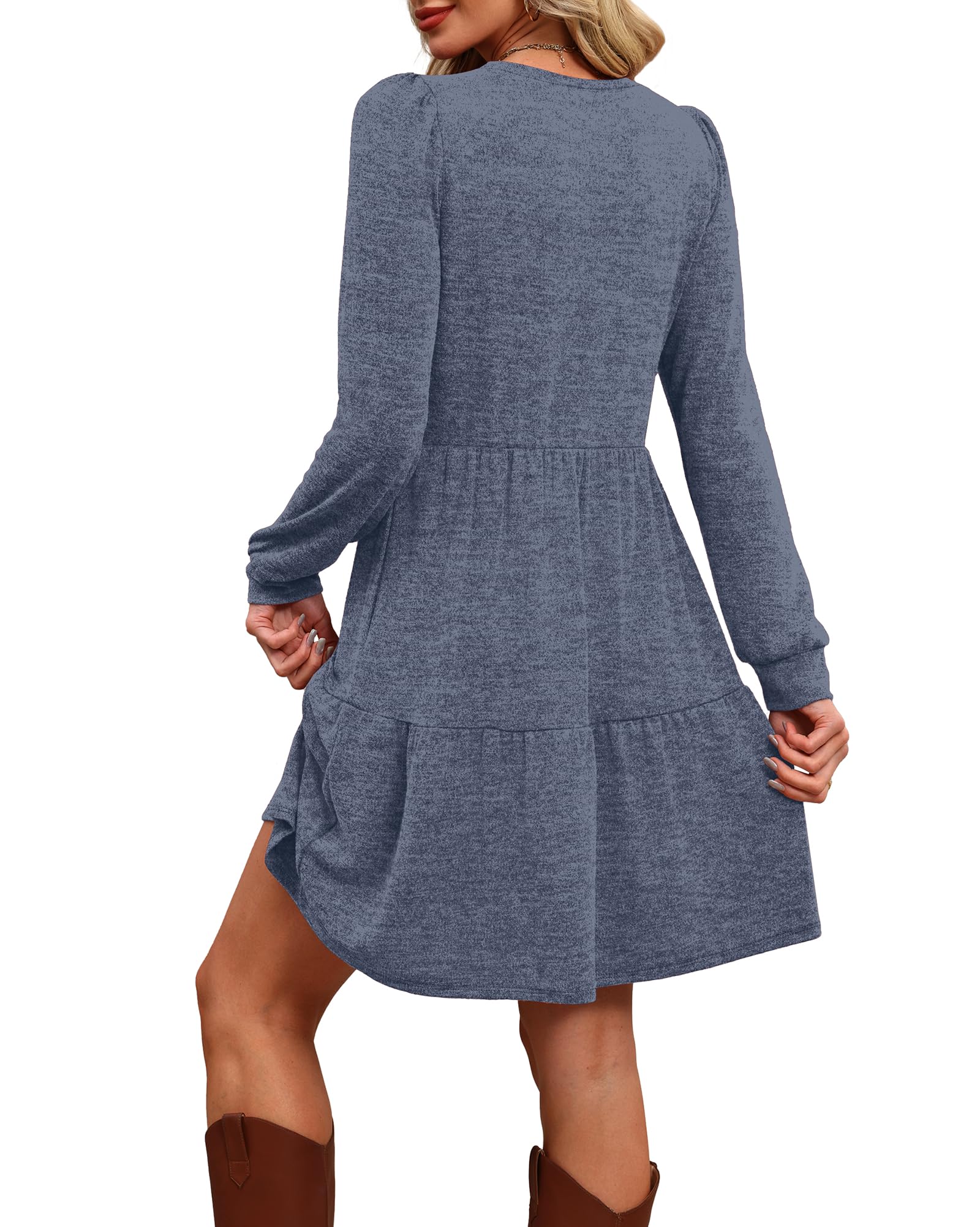 Women's Long Sleeve Fall Dresses with Pockets - Crew Neck Babydoll Casual Dress