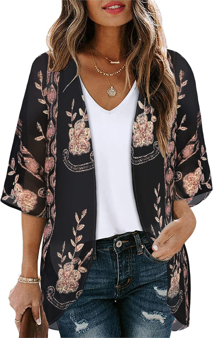 Floral Print Kimono Cardigan Women Puff Sleeve Cover Up Casual Blouse Loose Top Medium Black Vintage Flower