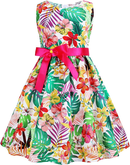 Girls Floral Cotton Dress - Sleeveless Summer Dress with Zipper Closure