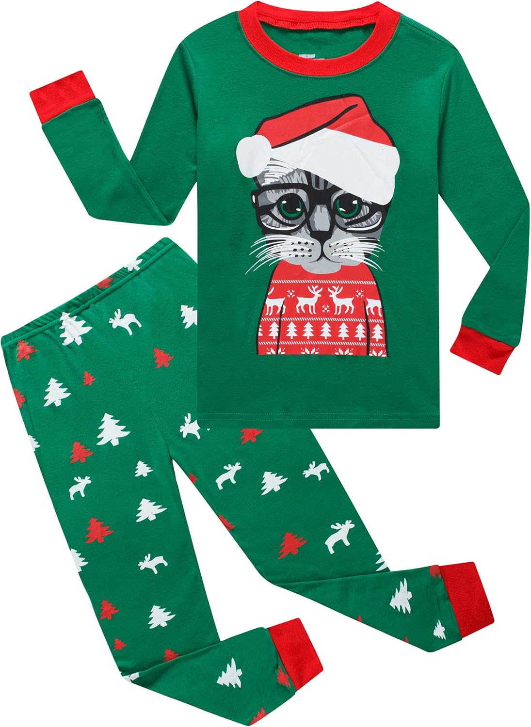 Kids Cotton Pajamas 2 Piece Set - Soft Sleepwear for Boys and Girls Christmas Cat