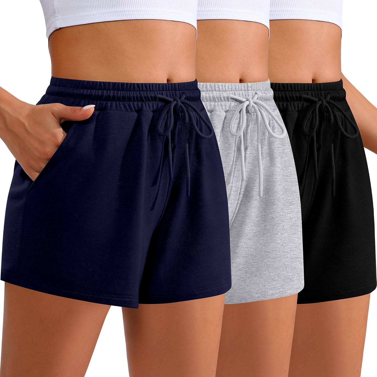 Women Sweat Shorts 3-Pack - High Waist Athletic Lounge Shorts with Pockets