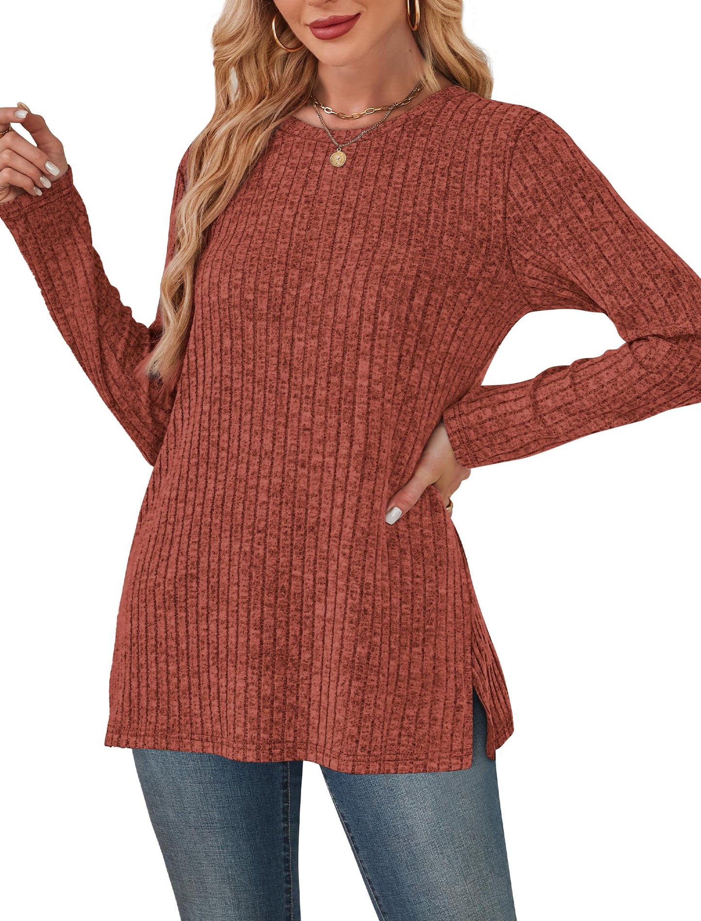 Women's Crewneck Sweater with Pockets - Long Sleeve Tunic Top with Side Slits