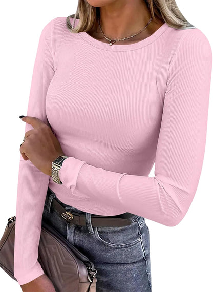 Women's Long Sleeve Rib Knit Shirt Slim Fit Crew Neck Basic Tee Pink