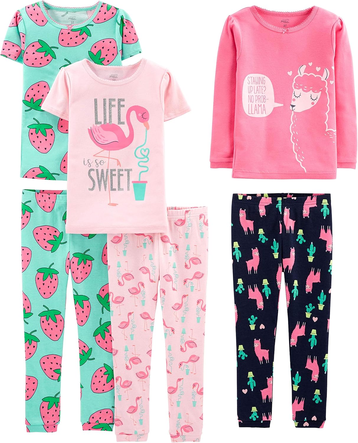 Girls Cotton Pajama Set 6-Piece - Snug Fit PJ Pack for Babies Toddlers Green Strawberries Navy Pink Flamingo Rose Llama Print