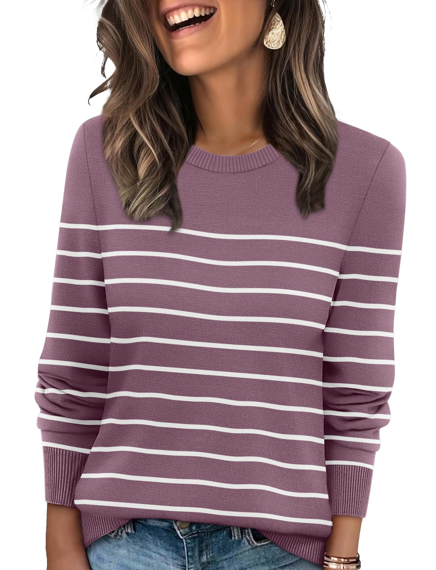 Women's Lightweight Sweaters - Long Sleeve Crewneck Pullover Tops S-grey Purple+white Striped