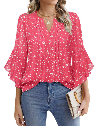 Beautiful Blouses For Ladies - Women's 3/4 Sleeve Chiffon Blouse Dressy Business Casual Work Shirt Raspberry