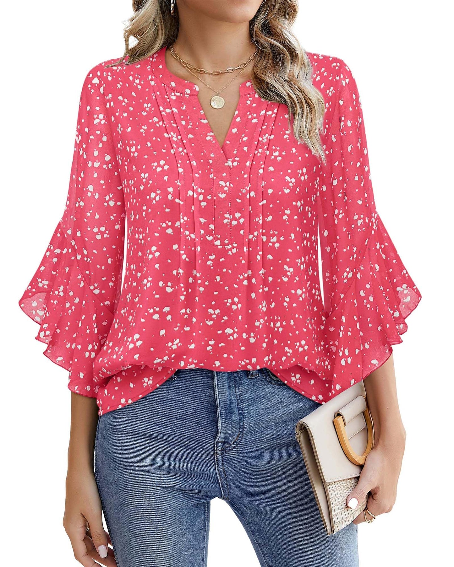 Beautiful Blouses For Ladies - Women's 3/4 Sleeve Chiffon Blouse Dressy Business Casual Work Shirt Raspberry