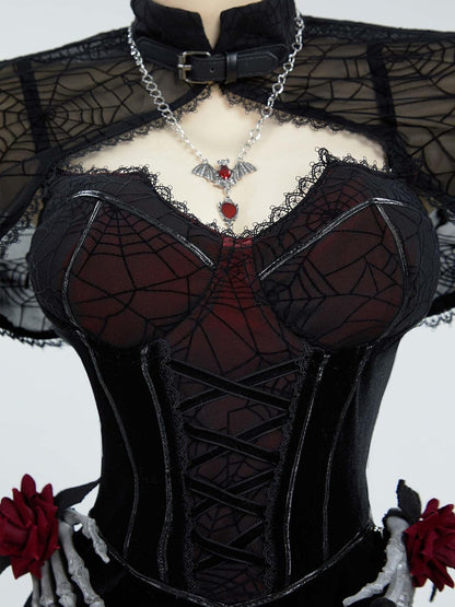 Gothic Vampire Costume - Women's Bodycon Dress with Spiderweb Cloak and Accessories