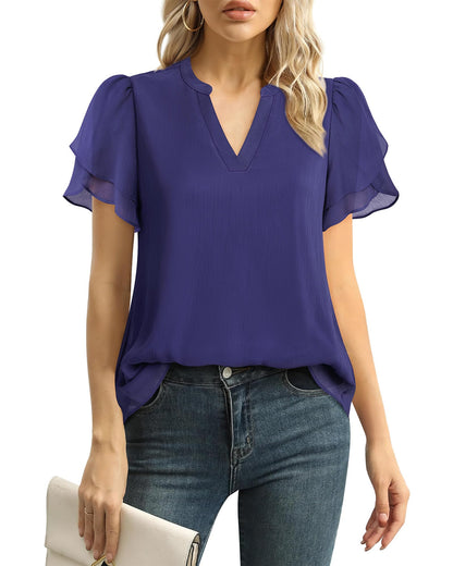 Polyester Blouses - Women's Chiffon Blouse V-Neck Puff Sleeve Summer Top for Work and Casual Wear