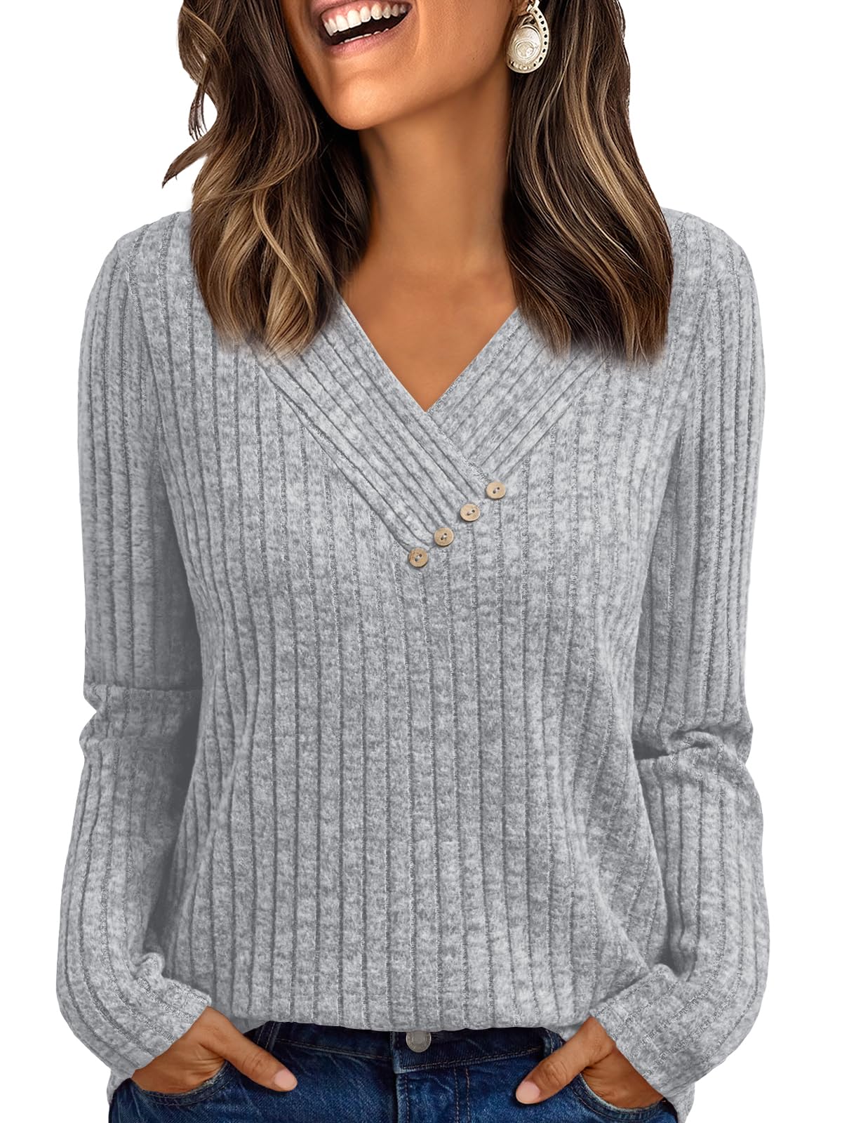 Women's Long Sleeve V Neck Tunic Tops - Dressy Casual Work Blouse Sweater Light Grey