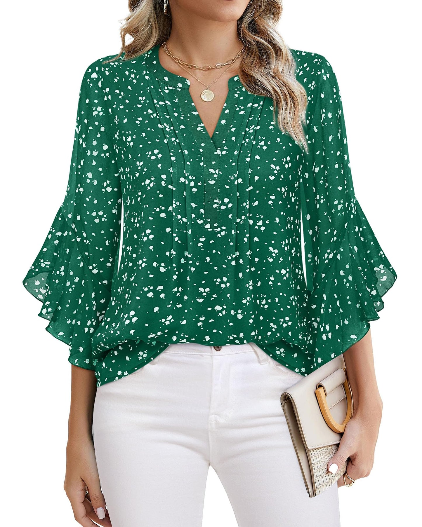 Beautiful Blouses For Ladies - Women's 3/4 Sleeve Chiffon Blouse Dressy Business Casual Work Shirt