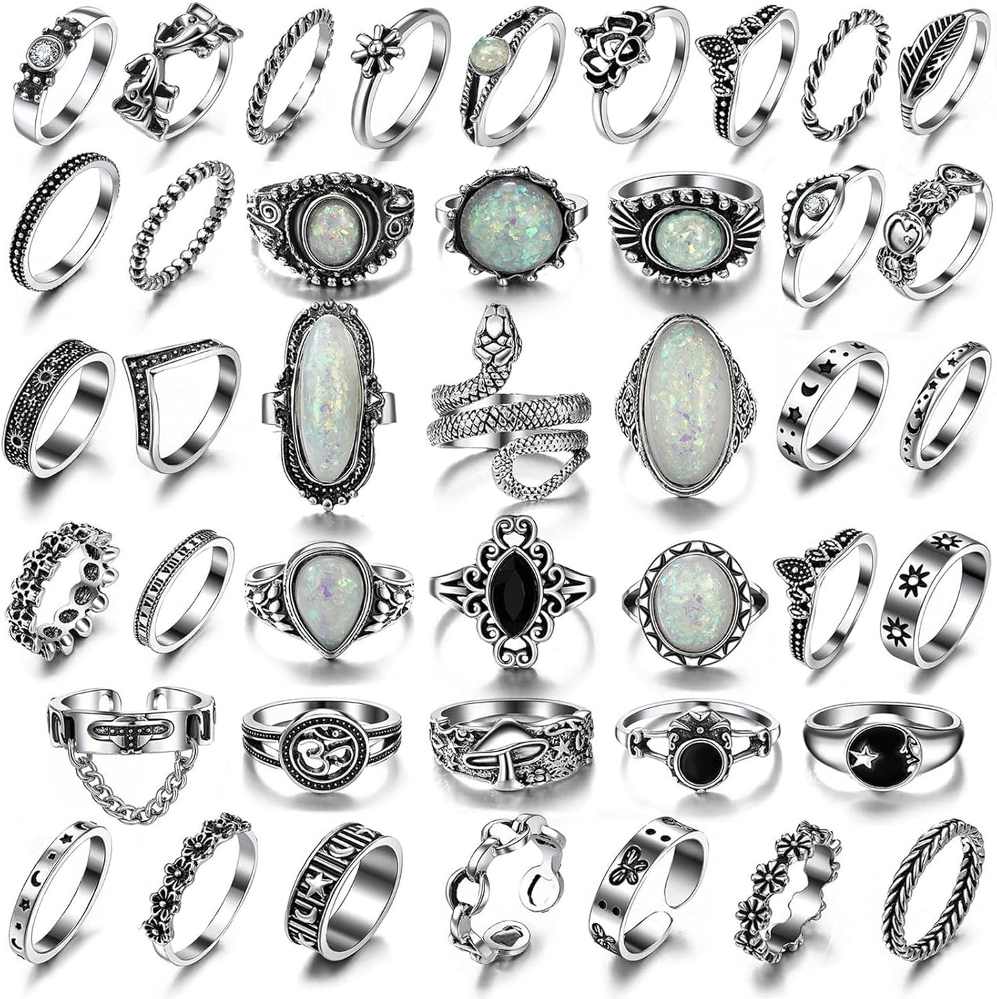 Vintage Silver Knuckle Rings Set 42 Pieces Adjustable Gothic Stackable Rings 42