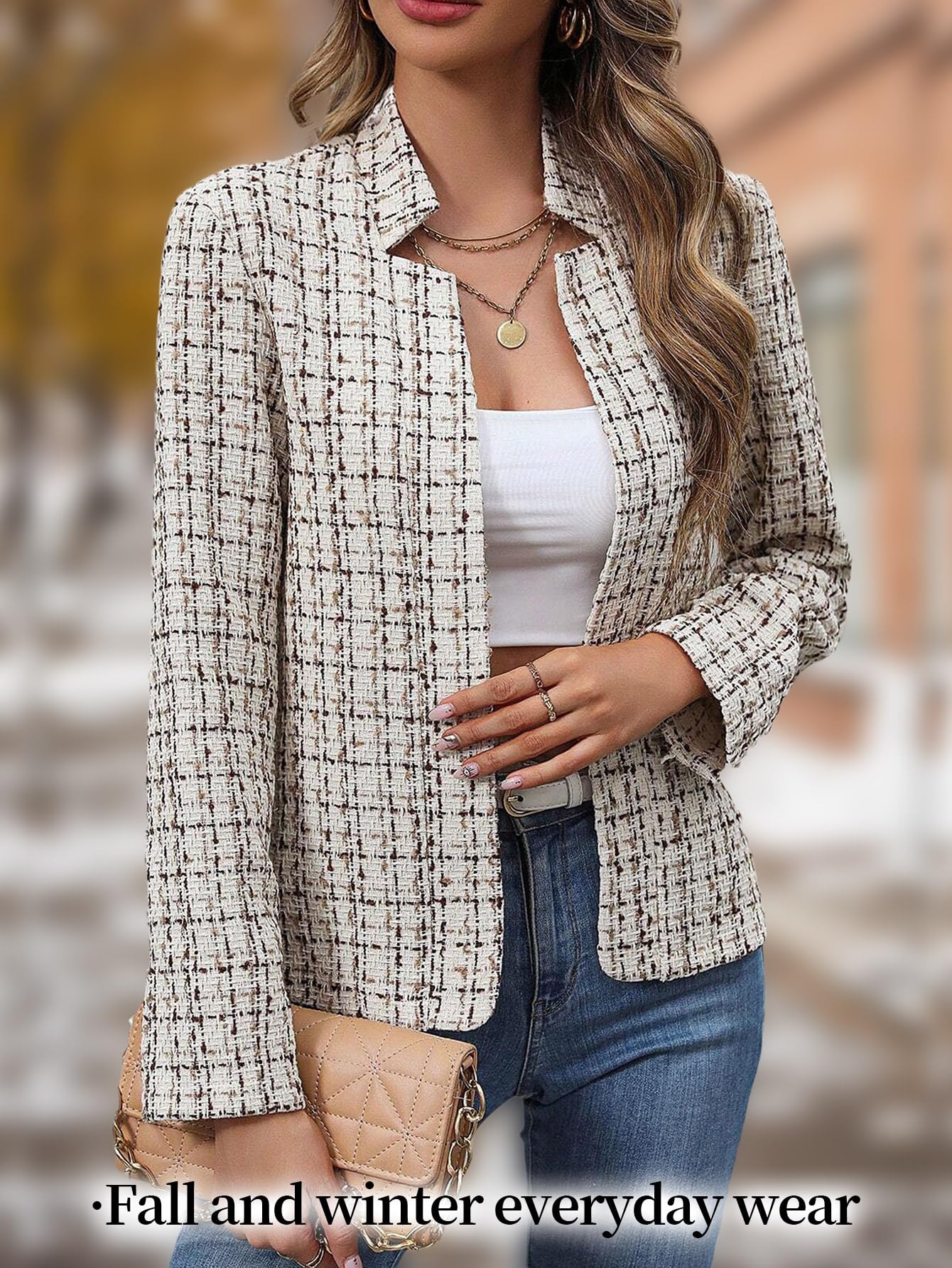 Women's Tweed Blazer Jacket - Open Front Stand Collar Professional Work Coat