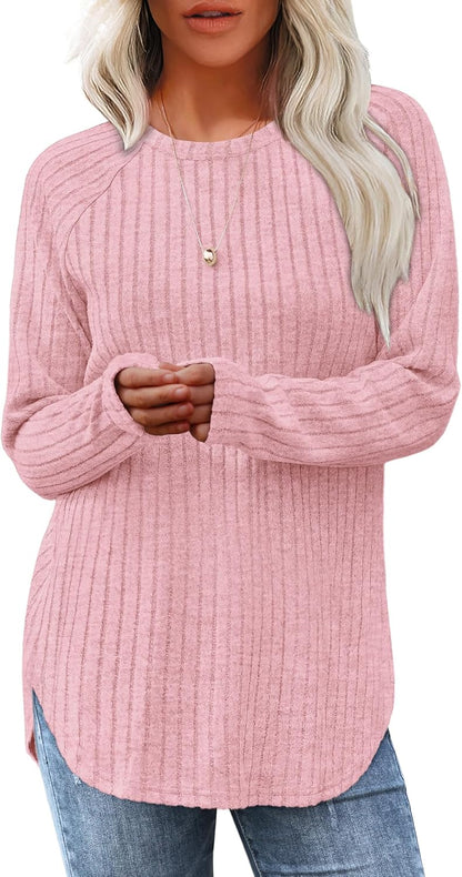 Long Sleeve Tunic Top for Women - Loose Fit Pullover with Curved Hem Pink